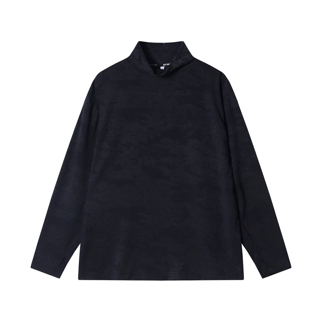 秋冬季新款时尚个性纯色提花半高领长袖T恤百搭休闲舒适套头上衣