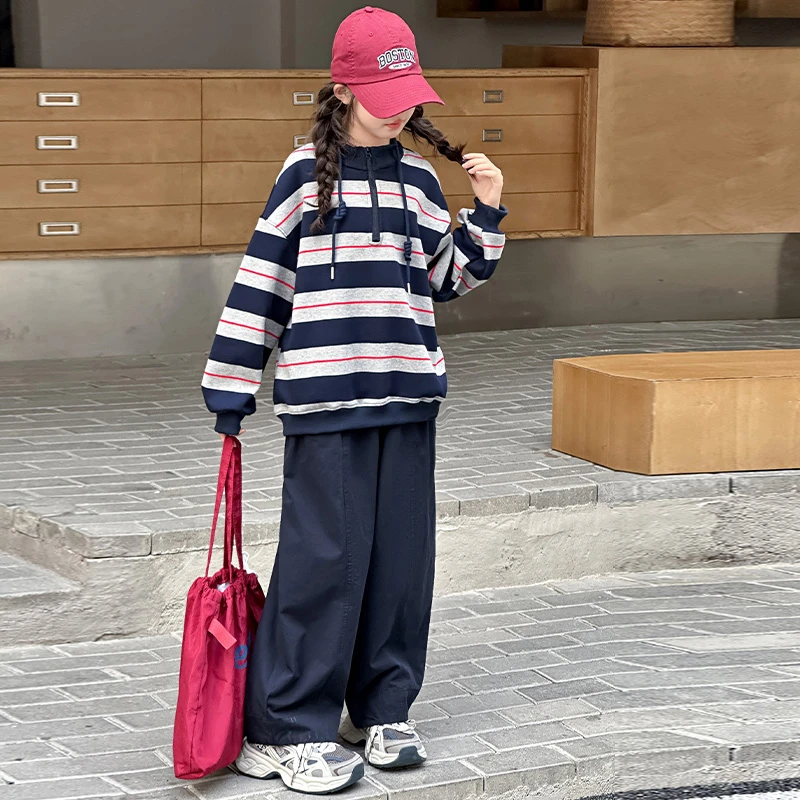 6-12岁女童潮款卫衣套装宽松韩版儿童休闲条纹两件套时髦春秋大童