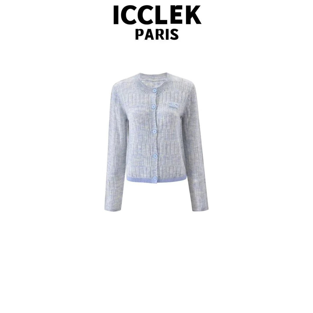 ICCLEK 浅蓝色圆领针织衫气质轻奢名媛显瘦领上衣秋冬外套-9002