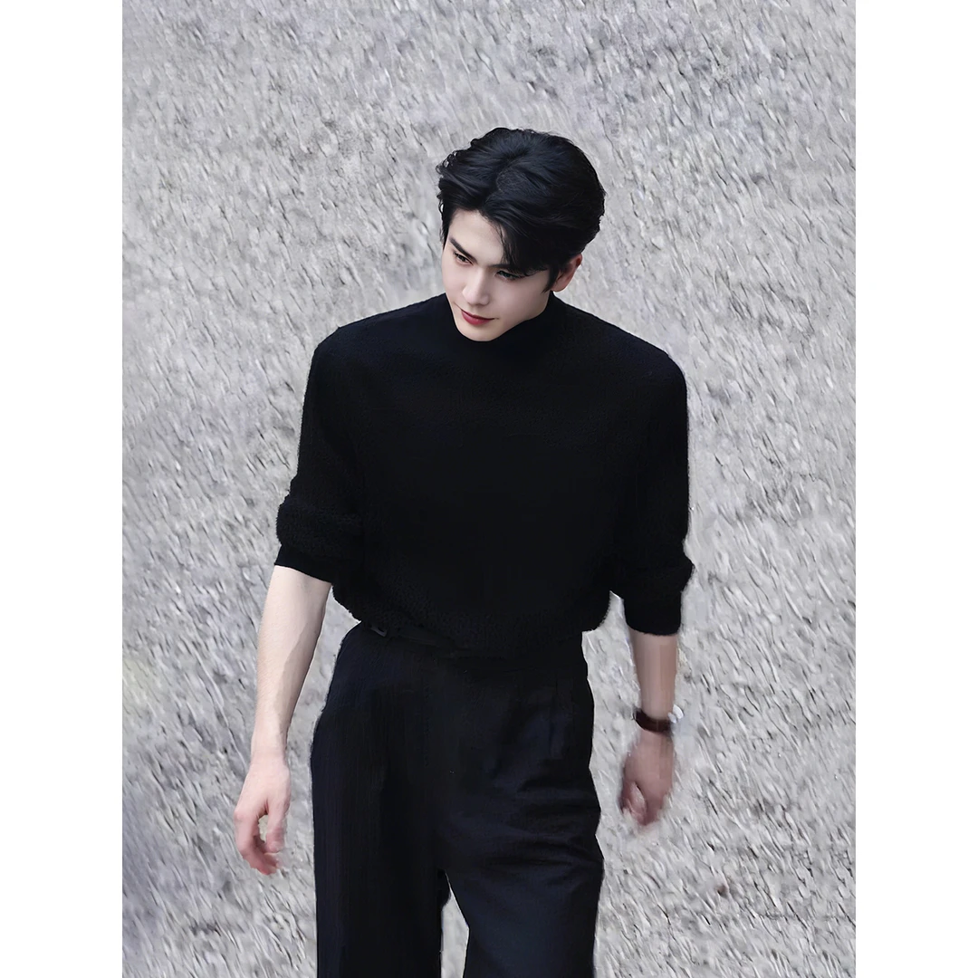 张凌赫同款黑色半高领毛衣男秋冬韩系痞帅针织衫打底毛衫内搭上衣