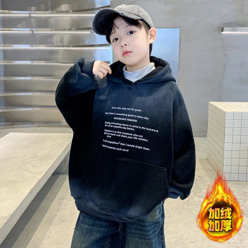 男童加绒卫衣保暖儿童中大童6-8-12岁15岁大童潮款连帽秋冬款洋气