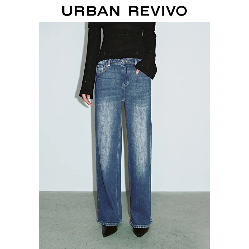 UR2025秋季新款女装复古休闲猫须水洗磨白牛仔长裤UYY850023