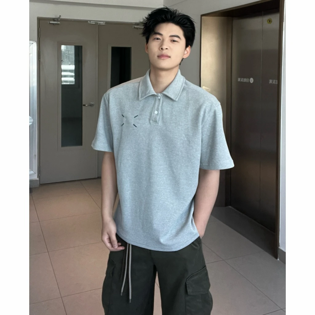 日系短袖重磅硬挺POLO衫男老钱风宽松短袖高级感翻领