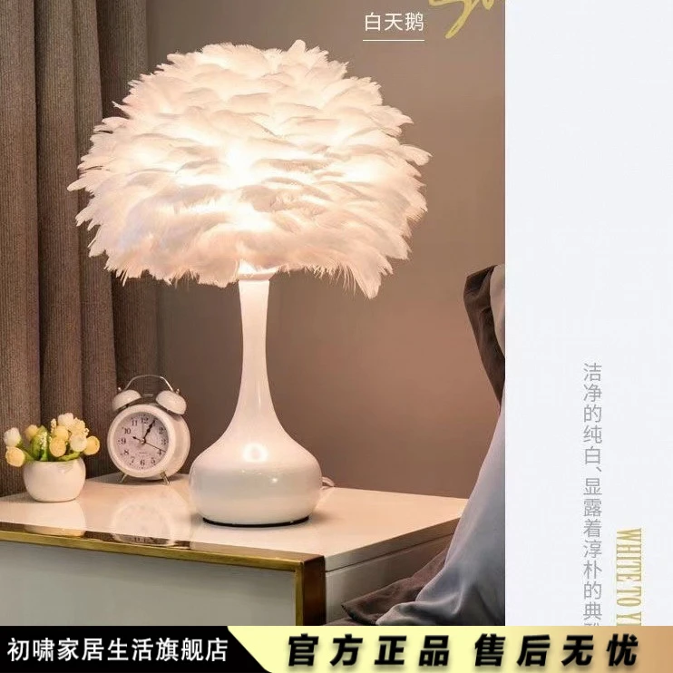 羽毛台灯卧室床头灯创意浪漫简约现代小夜灯结婚温馨装饰遥控台灯