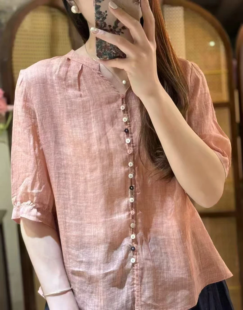 媄澜夏季新款纯色苎麻中袖V领衬衫文艺时尚 遮肉显瘦轻薄款上衣