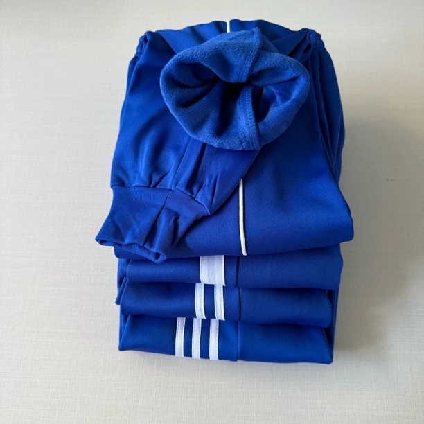 宝蓝色白杠加绒束脚秋冬季初高中小学生宽松校服裤子