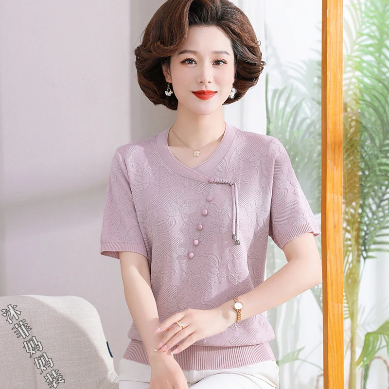 新中式时尚妈妈夏装圆领冰丝针织短袖中老年女装纽扣提花宽松小衫