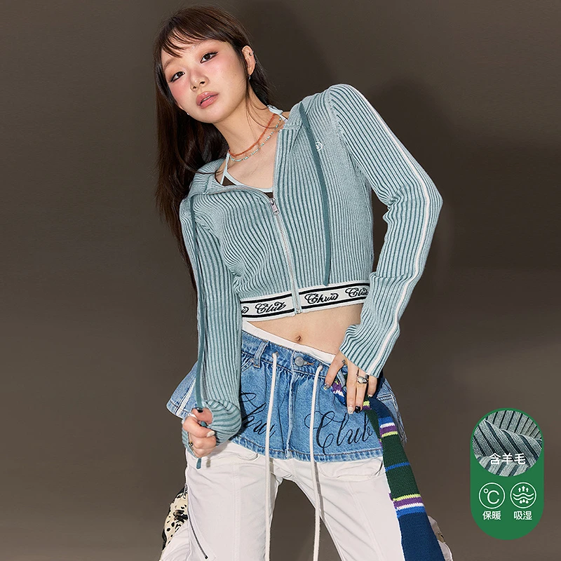 CHUU冬季女装条纹撞色设计辣妹风修身显瘦减龄风叠穿针织衫
