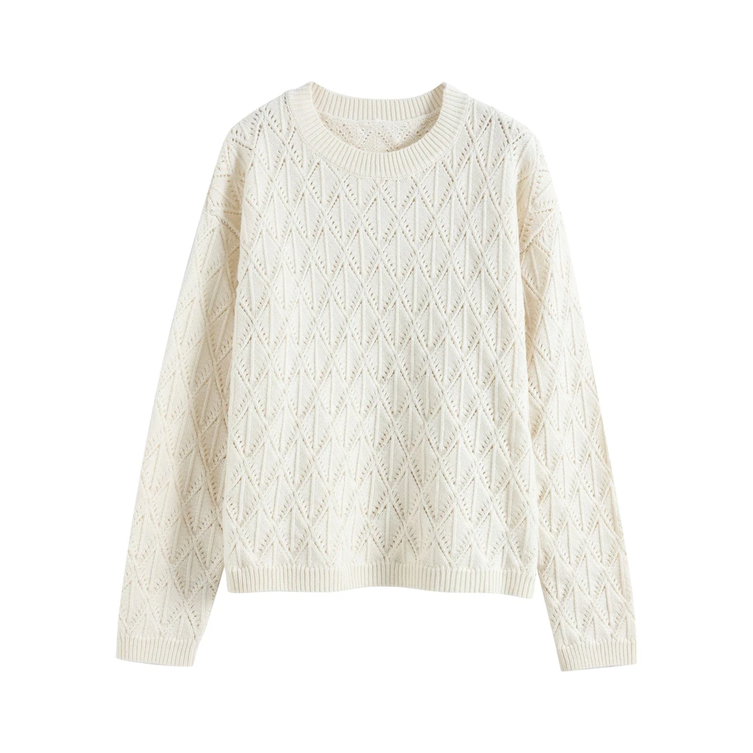 31653 菱格浮雕镂空山羊绒针织衫女圆领毛衣宽松上衣0099