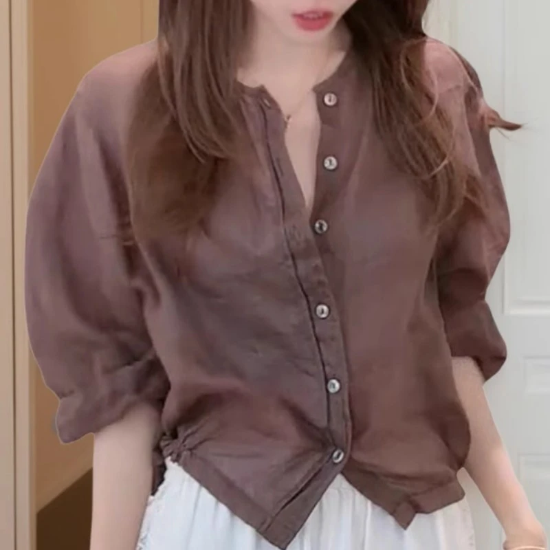 洋气休闲纯色衬衫2205夏季新款简约高级感时尚七分袖衬衣
