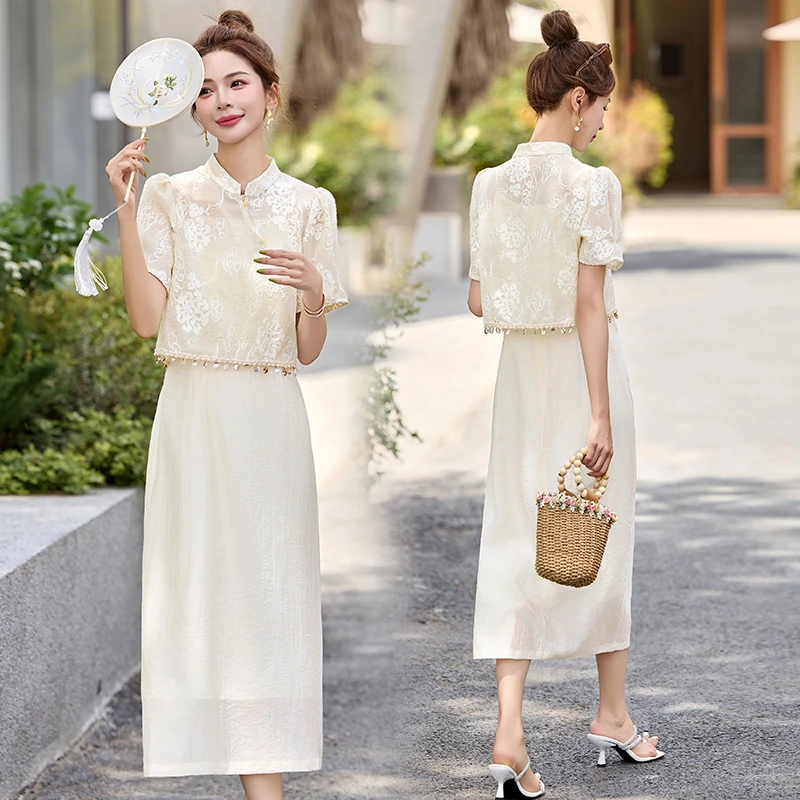 新中式国风套装裙女2025夏季新款刺绣时尚洋气百搭拼接减龄两件套