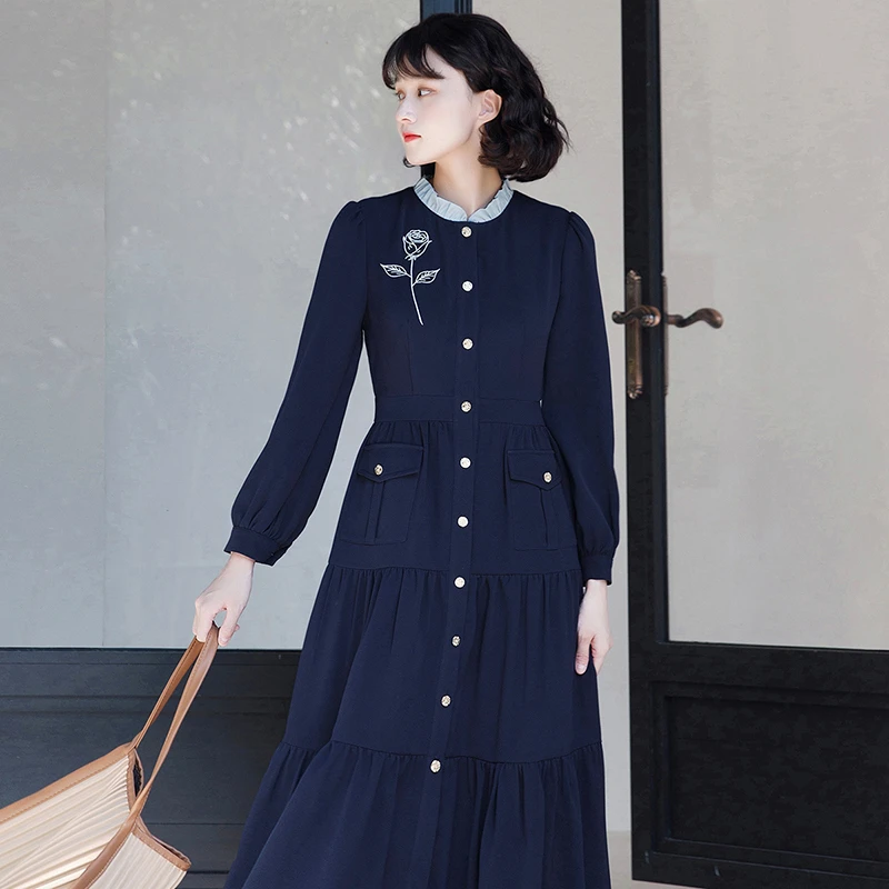 2025春法式玫瑰连衣裙假两件复古通勤藏青长袖D0285