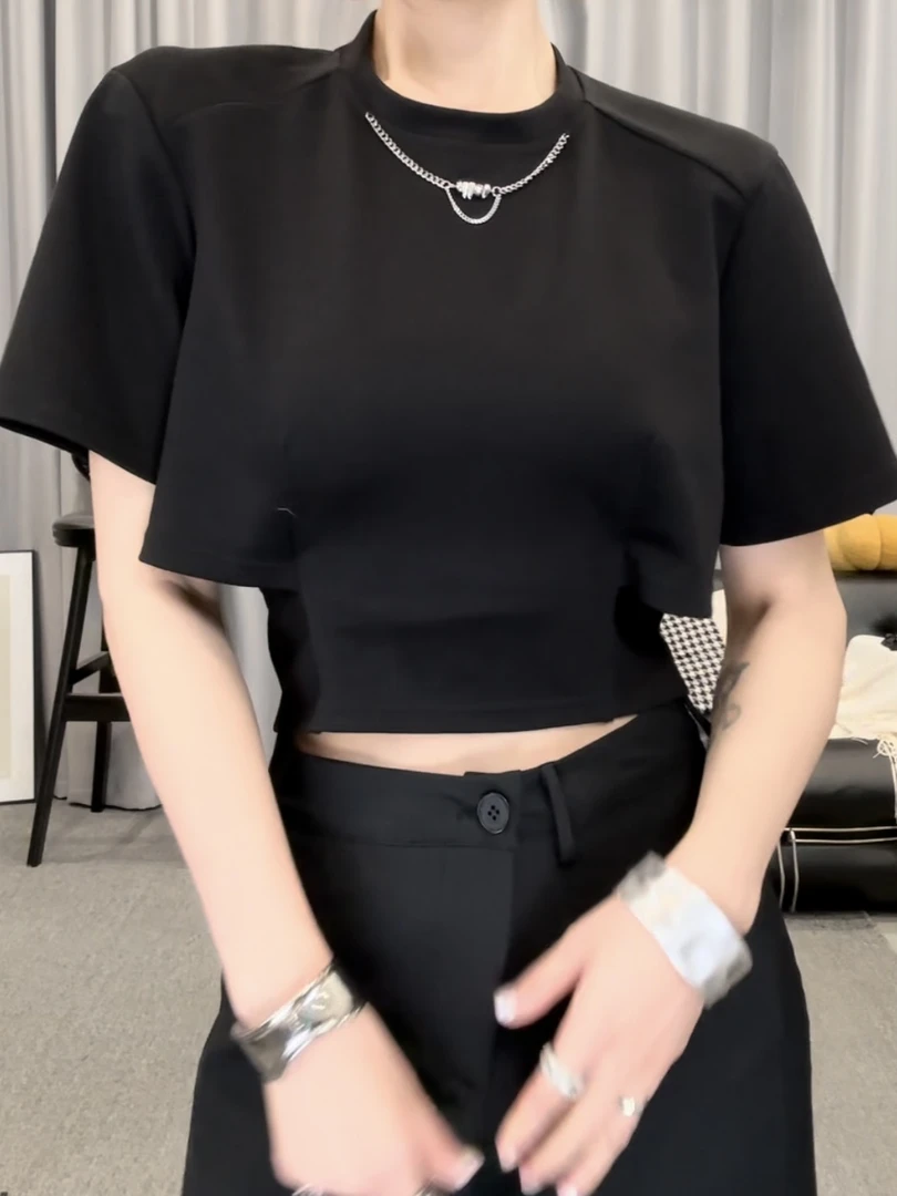 D0507收腰设计感圆不规则拼接短袖显瘦纯色上衣链条短袖T
