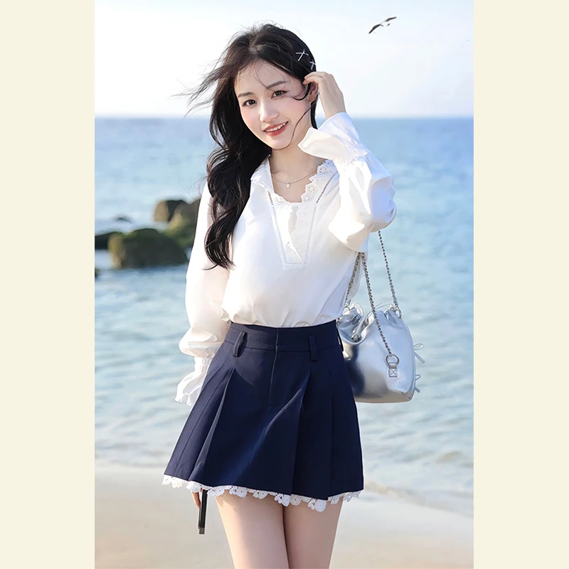 2025春装超火两件套小个子韩系超好看独特漂亮减龄白色衬衫套装裙