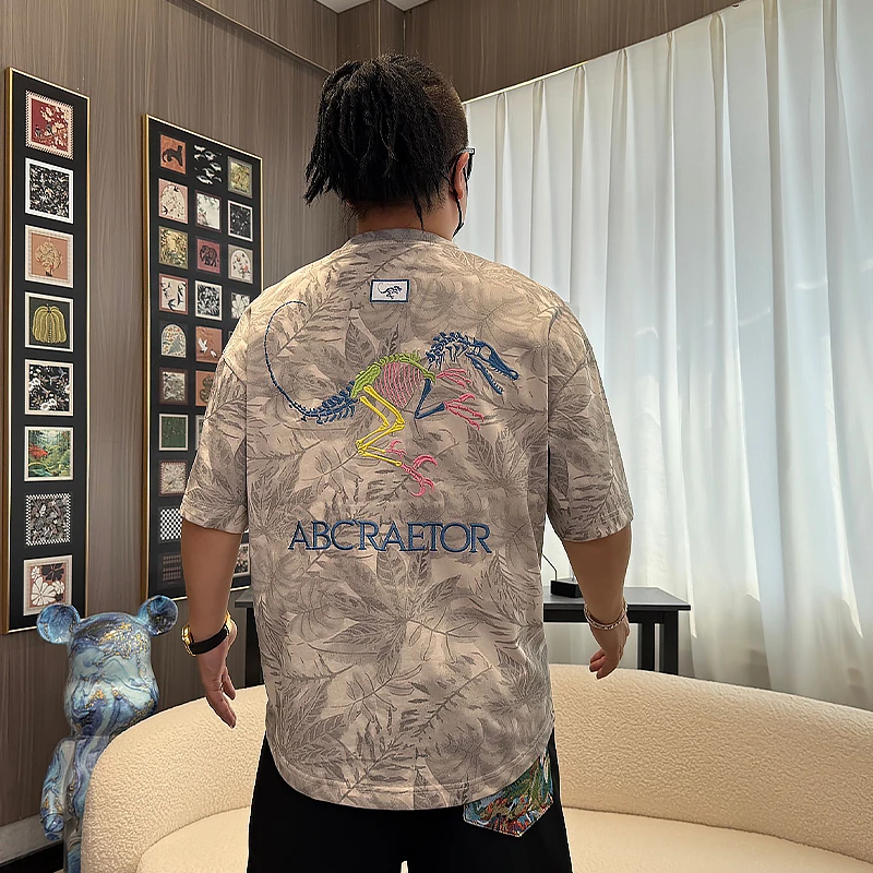 韩版ins潮牌恐龙图案宽松刺绣字母短袖时尚夏季青年T恤男