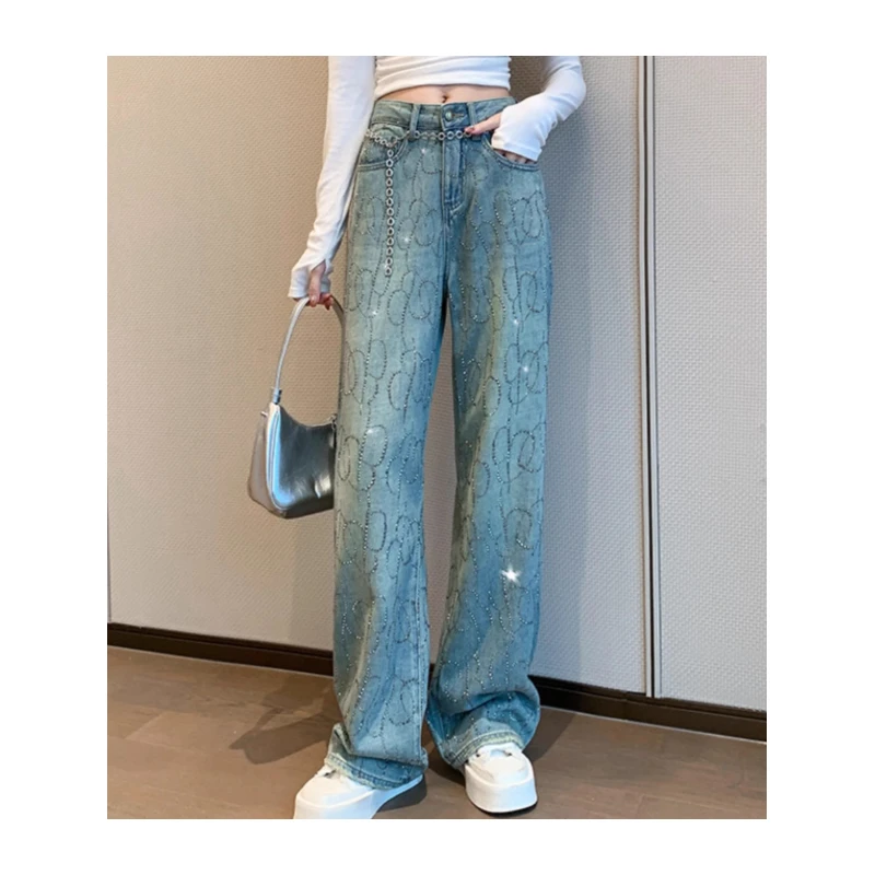 S烫钻牛仔裤高腰欧货重工阔腿裤W90033