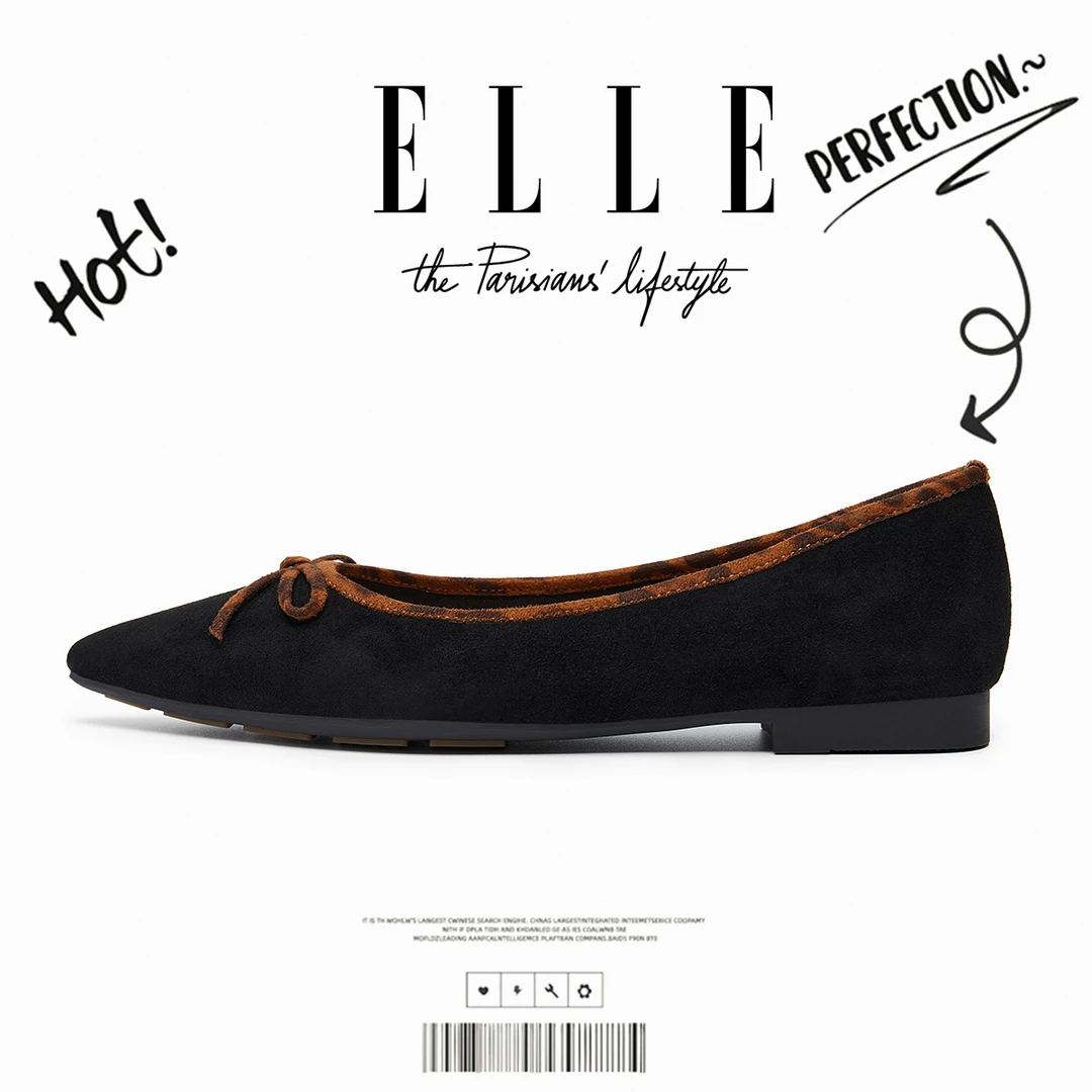 ELLE蝴蝶结小香风浅口单鞋女百搭平底舒适晚晚鞋一脚蹬超软豆豆鞋