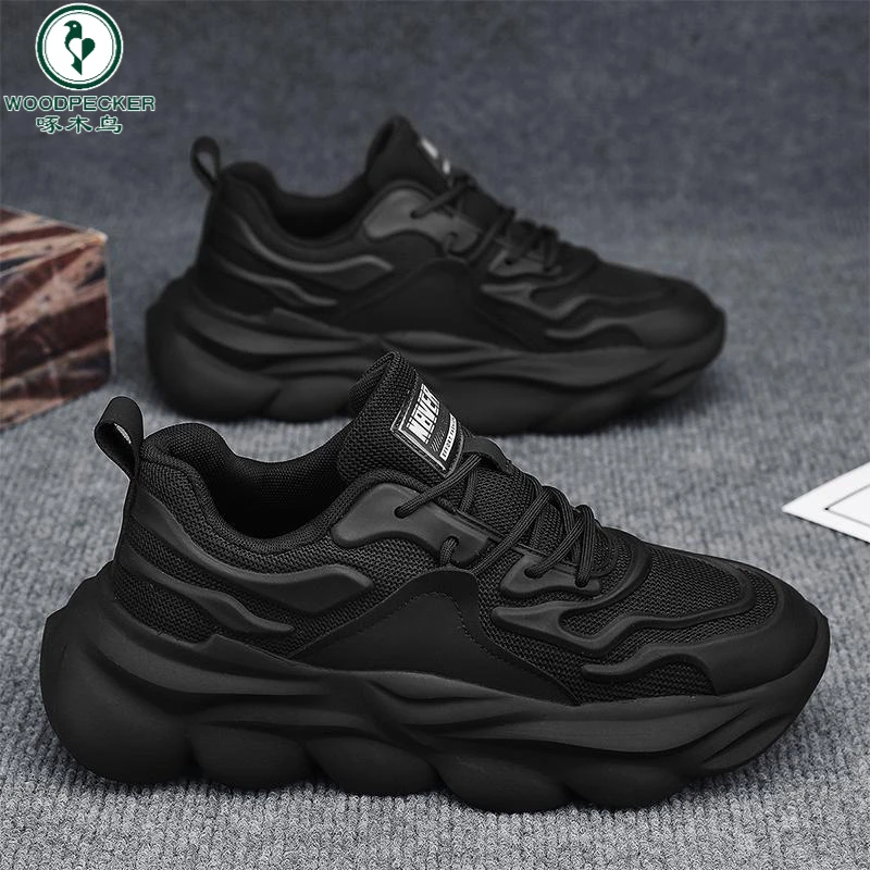 正品啄木鸟男士黑色运动鞋秋季上班男鞋皮面增高轻便鞋子男款