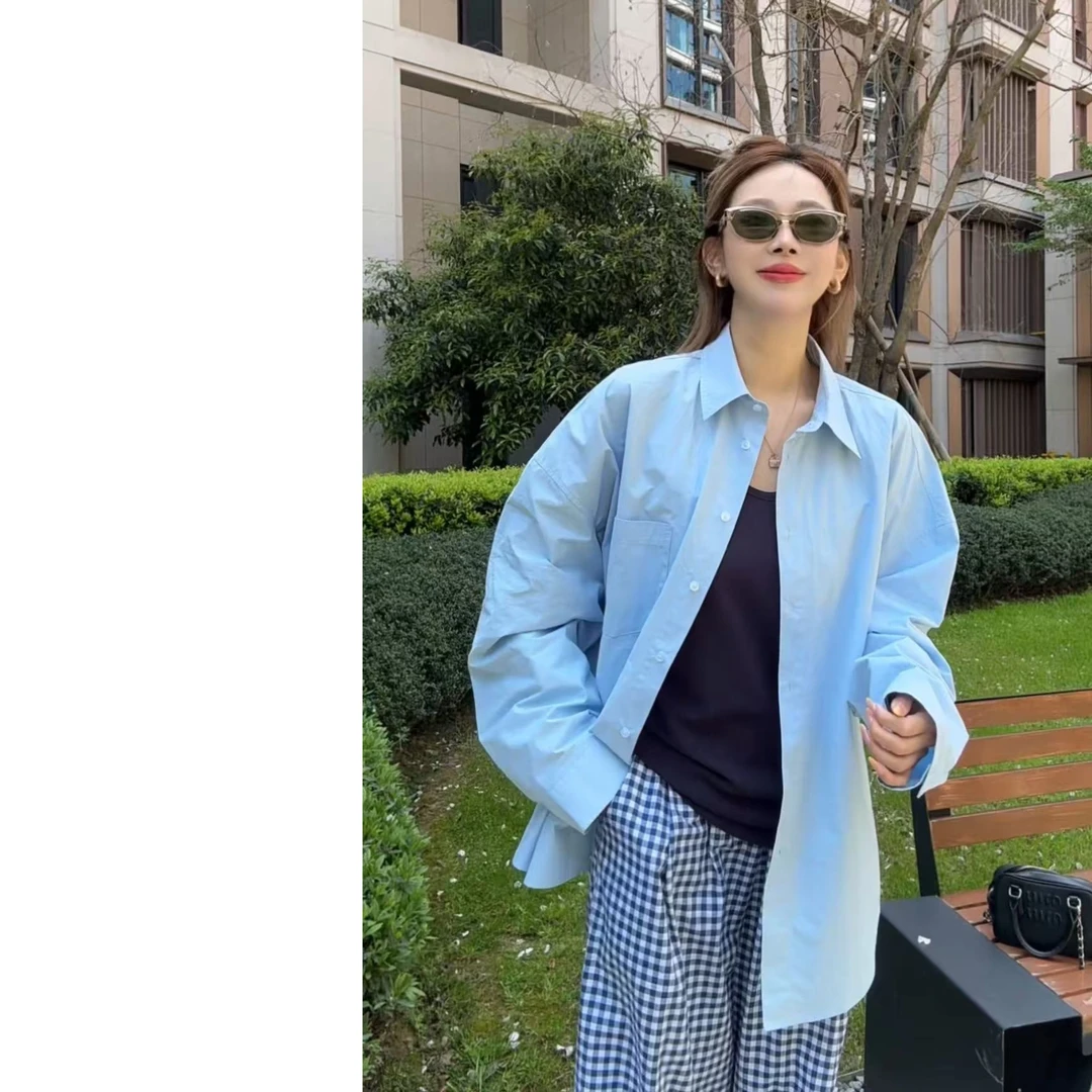 墨迹姐高个子微胖“蓝色衬衫”加长加大春夏显瘦衬衫外套女