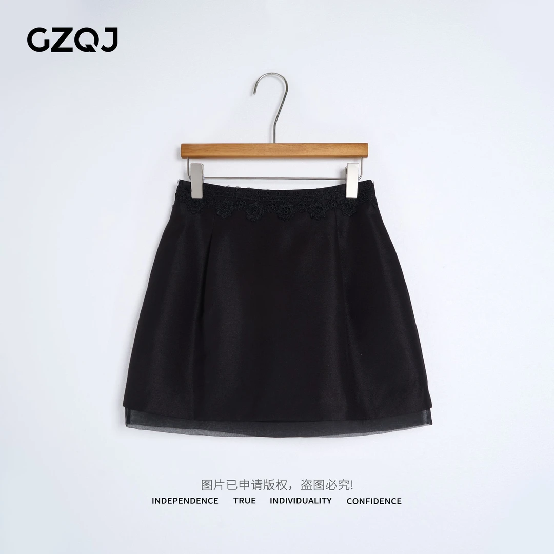 广州琴姐【暗蕾星跃】欧若风高腰显瘦黑色丝毛半身裙短裙裤夏70527