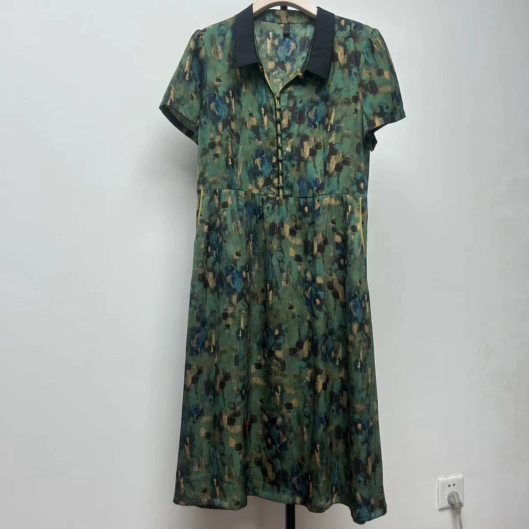 X111短袖印花连衣裙女新款夏季时尚设计感洋气中年妈妈复古中长裙