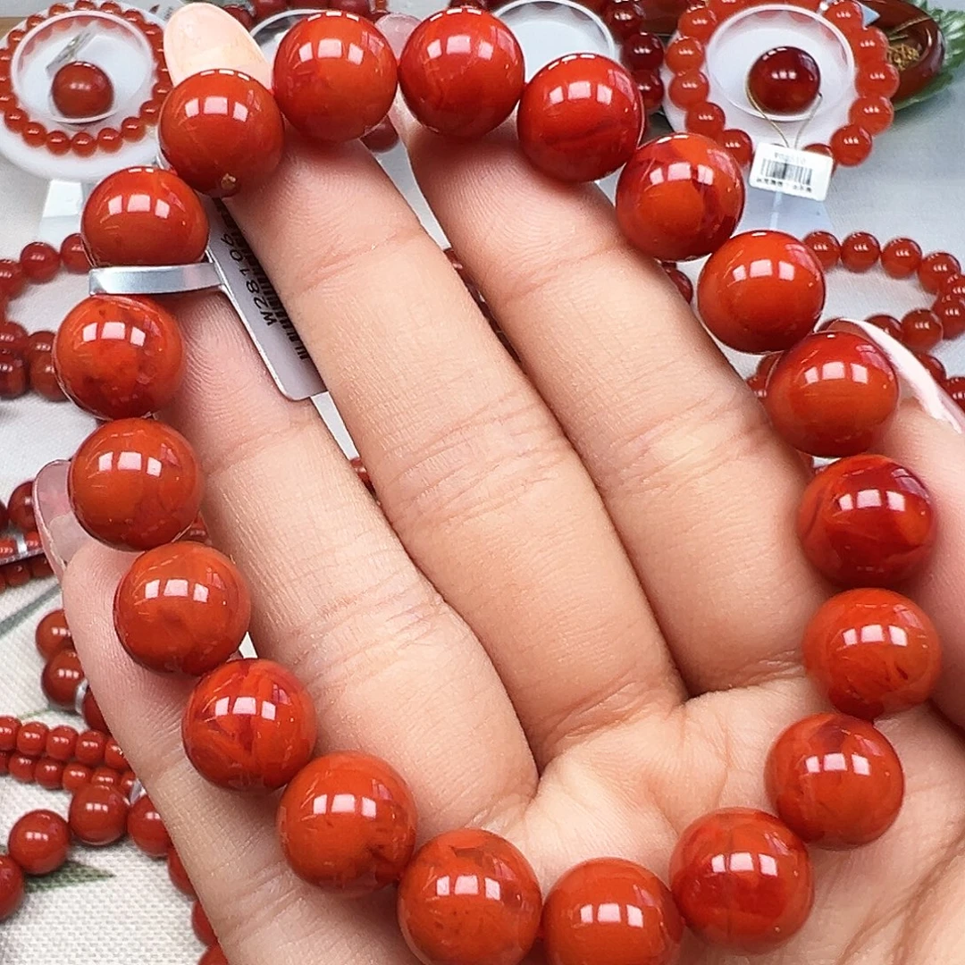南红玛瑙未镶嵌手串精品 瓦西满肉火焰柿子锦卡10mm+
