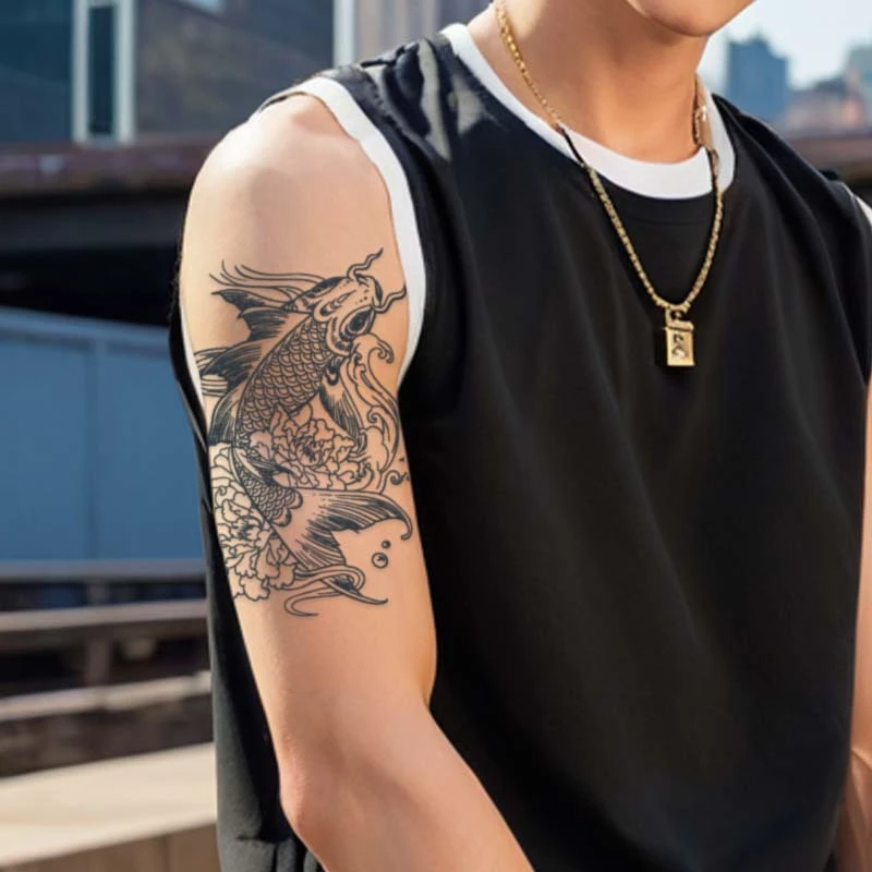 锦鲤波浪草本纹身贴纸防水持久花臂手臂半永久不反光可洗逼真个性