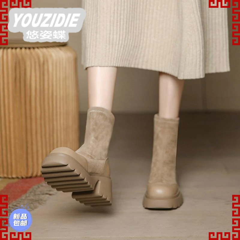 YOUZIDIE网红弹力袜子靴2025秋冬厚底瘦瘦靴防水台增高烟筒靴英伦