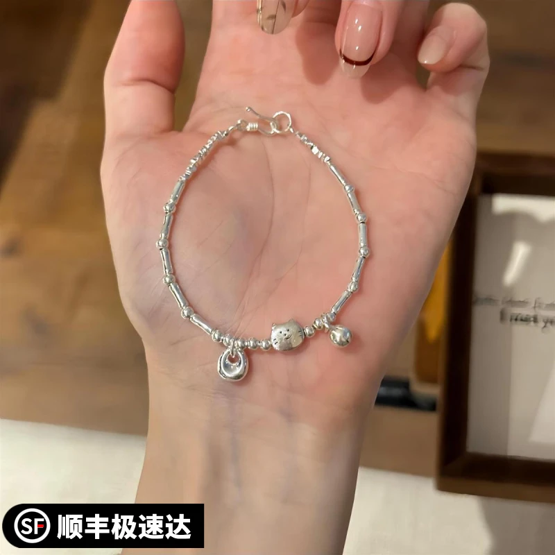 足银手链 小猫咪竹节银手链女款小胖福银坨坨手串送女友闺蜜