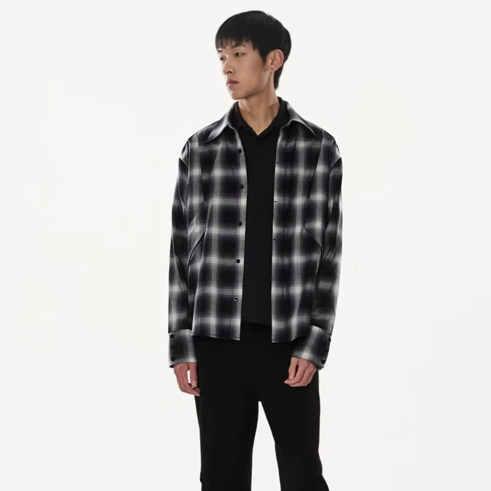 I-31 UN 潮牌男士春秋百搭黑白格子长袖衬衫 DCS07