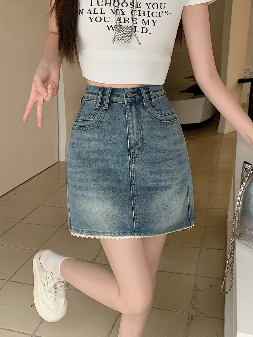 2025胖mm大码拼接花边牛仔半身裙小个子高腰a字短裙春游出行衣服