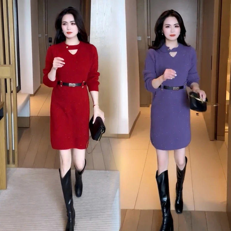 圆领洋气气质毛衣裙针织显瘦法式长袖秋冬连衣裙裙子冬季打底网红