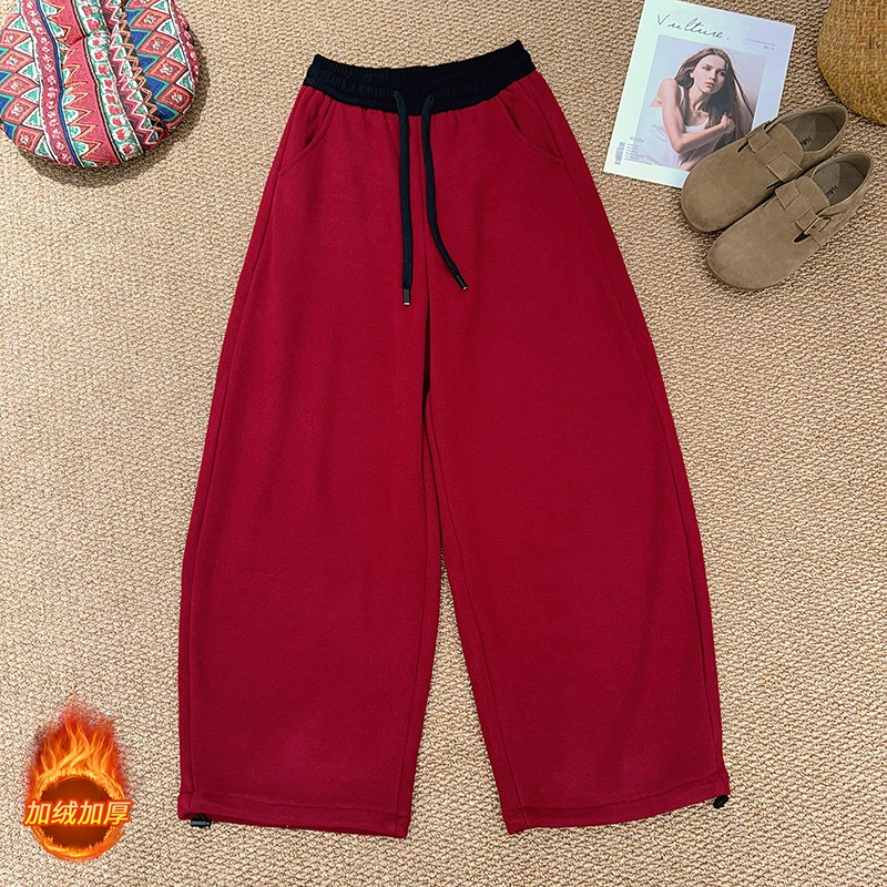【萍姐推荐】高端欧货高级感撞色松紧腰显瘦加绒加厚休闲弯刀裤卫裤