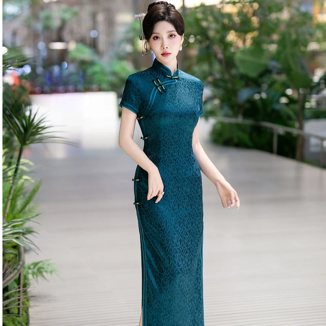 2025夏季新款一叶青枝高级提花中国风缎丝旗袍手工长款气质显瘦