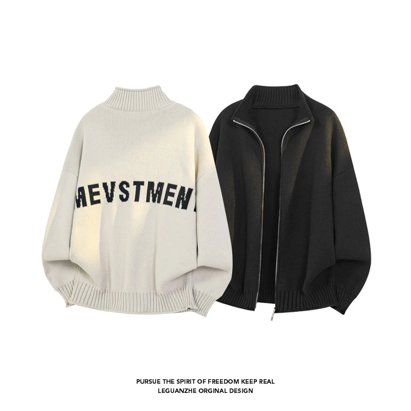 2025韩版潮流撞色刺绣字母针织衫港风时尚百搭秋冬开衫毛衣外套