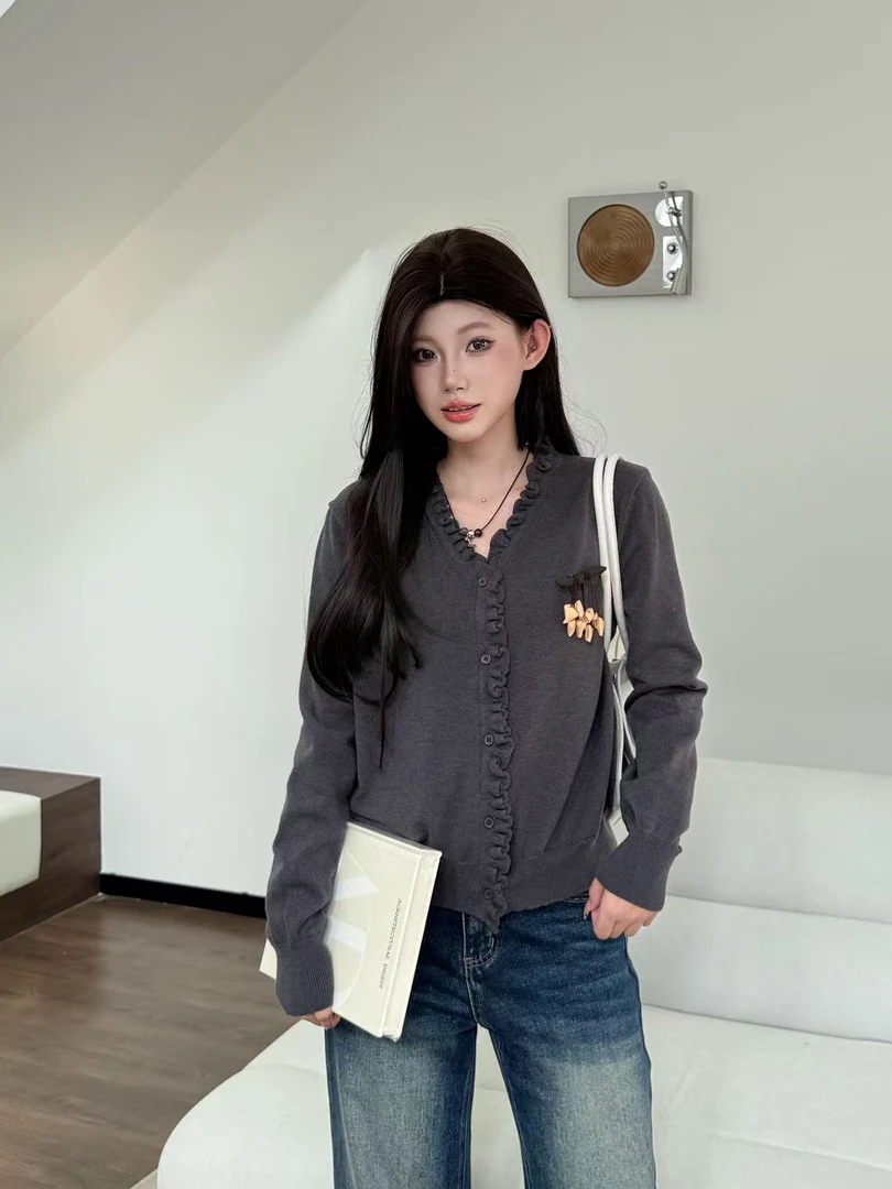 纯色针织衫落肩袖毛针织衫长袖衬衫针织时尚V领百搭