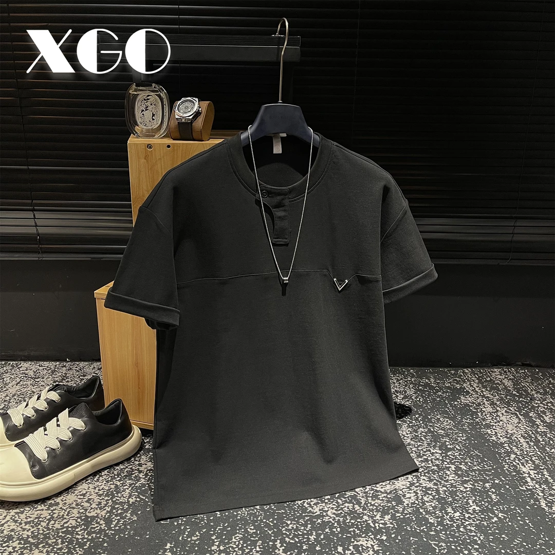 【XGORAD】夏季高级感字母金属重磅领口设计拼接冰感棉圆领短袖男士