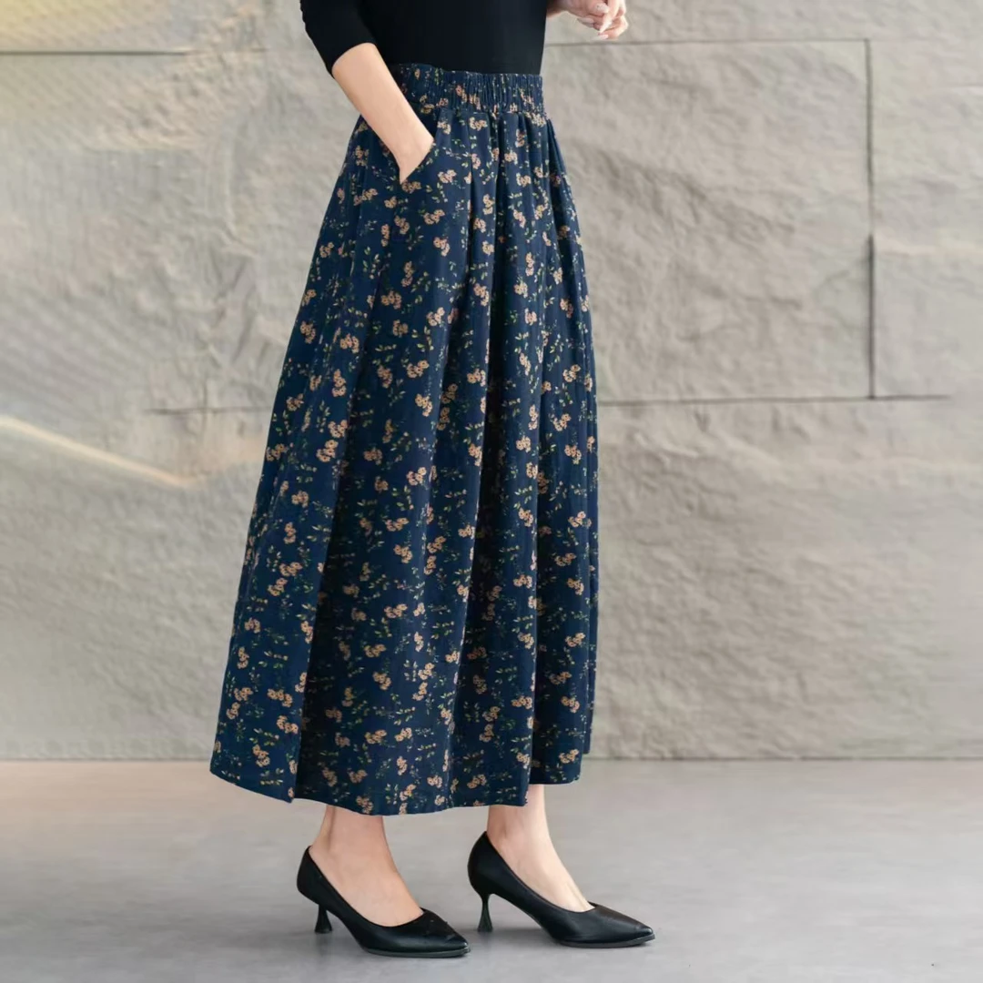 39款2025新款春秋水洗棉麻民族风碎花显瘦文艺高腰松紧腰大摆裙