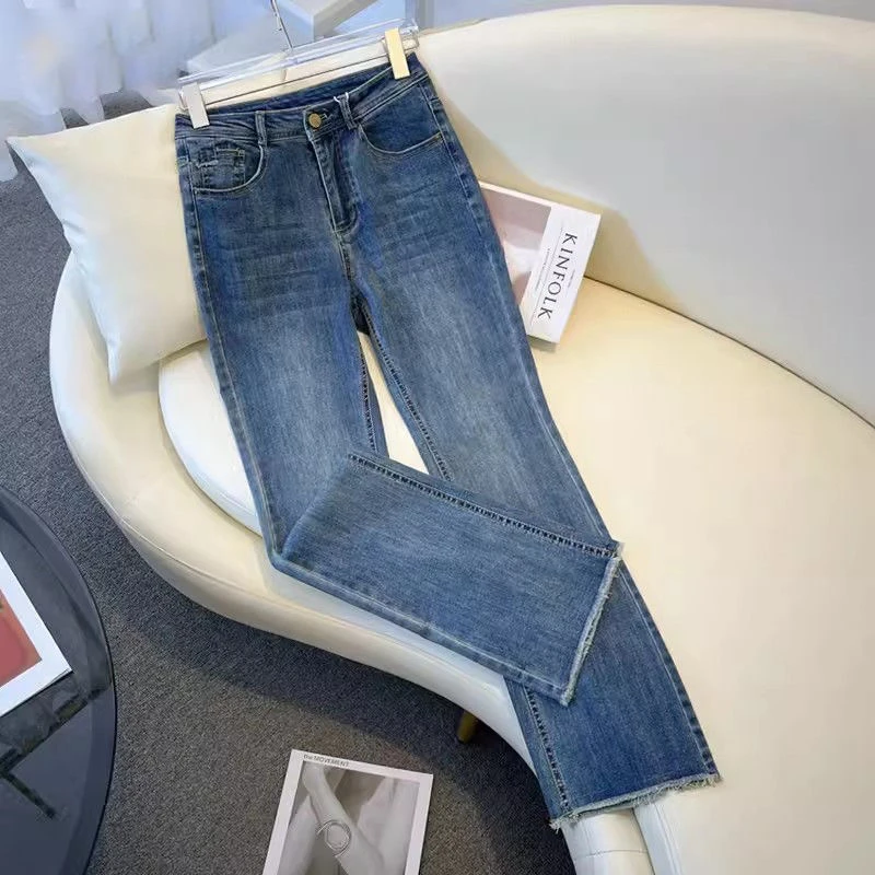 135秋季高腰显瘦蓝色毛边微喇牛仔裤女款爆款修身喇叭裤