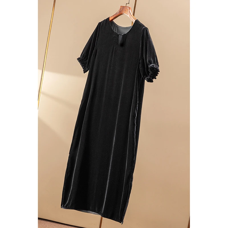 春天家 极简优雅 法柜轻奢桑蚕丝丝绒木耳花边短袖连衣裙女11E7