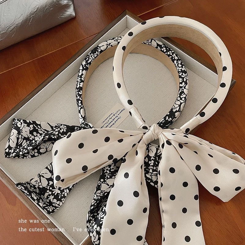 波点蝴蝶结飘带发箍女高颅新款编发头箍丝带复古法式发带日系