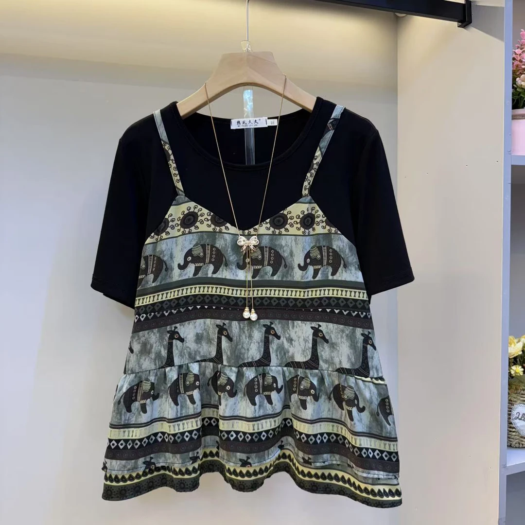欧货2025夏新款假两件设计感减龄时尚复古图案洋气短袖衫