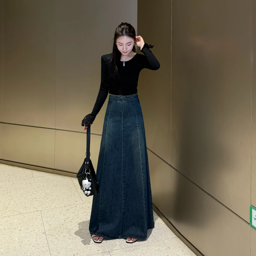 复古显瘦高腰A字半身裙女春季小众拼接牛仔裙洋气减龄长裙