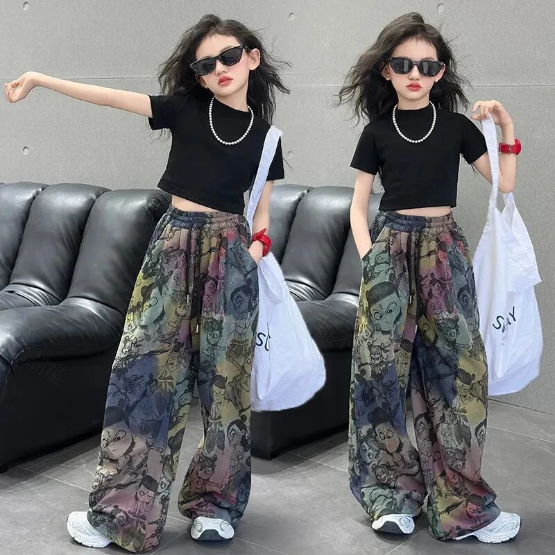 女童短袖T恤哪吒卫裤儿童时髦涂鸦长裤网红酷飒炸街风夏装两件套