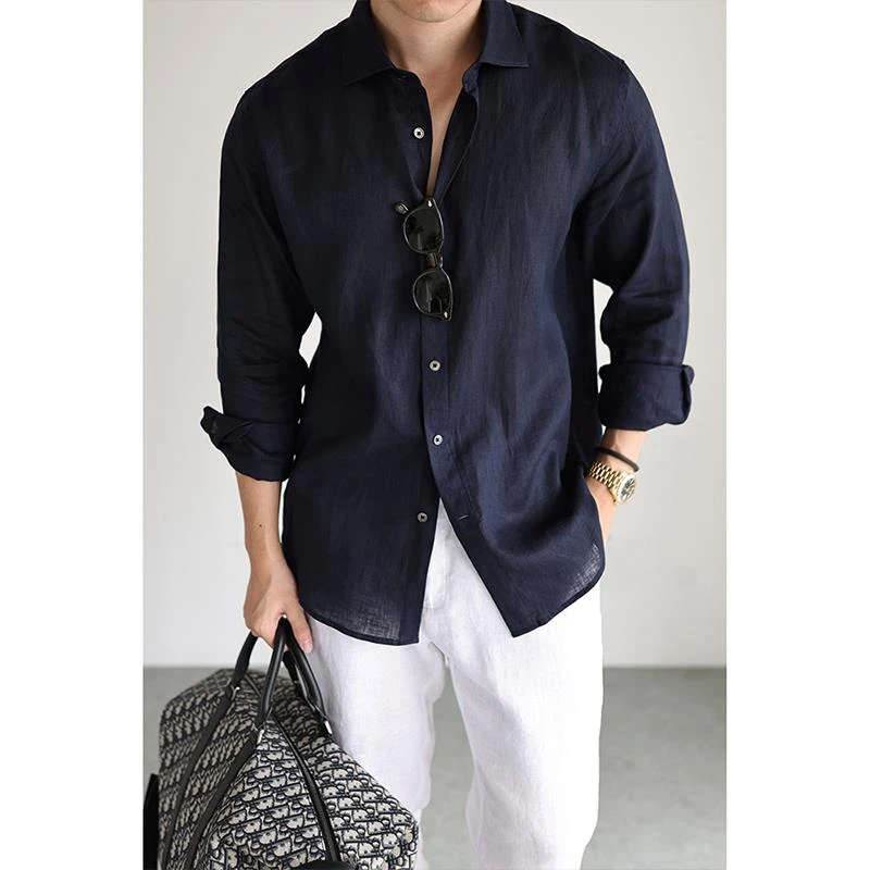 藏青色亚麻长袖衬衫男士夏季日常通勤老钱风穿搭宽松防晒衬衣外套