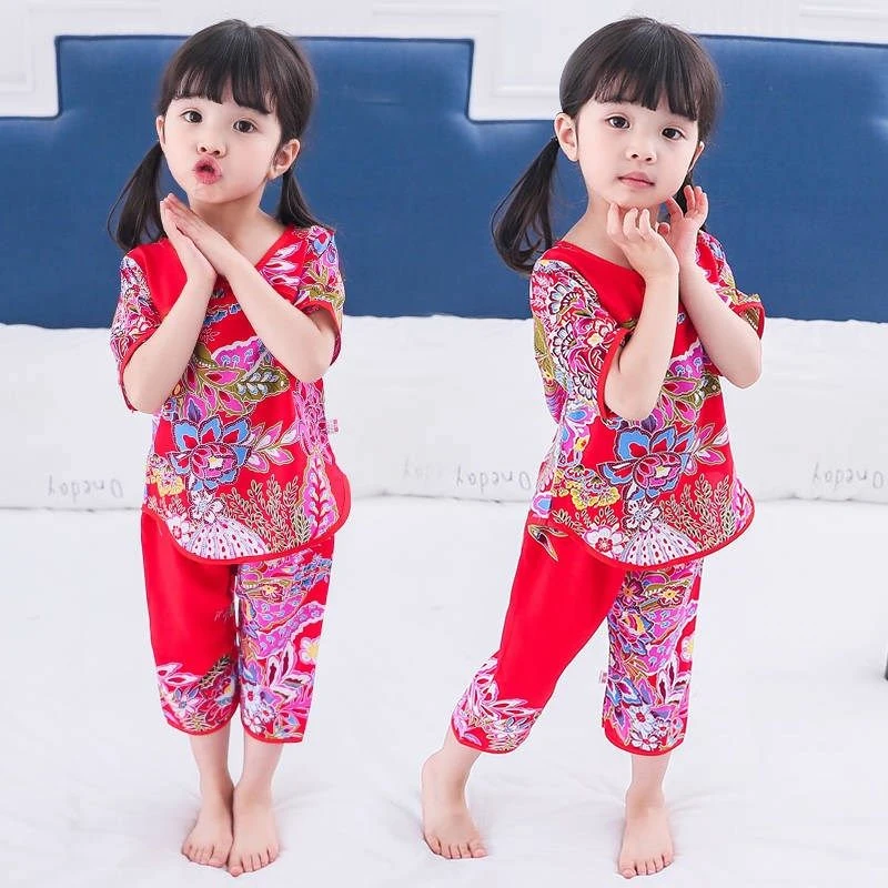 夏季薄款女童睡衣2025新款棉绸家居服装男女宝宝短袖两件套中国风