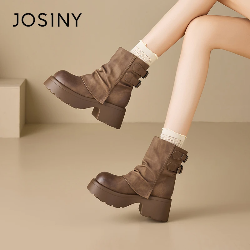 卓诗尼美拉德短靴女棕色堆堆靴子厚底复古裤管马丁靴冬季加绒棉鞋