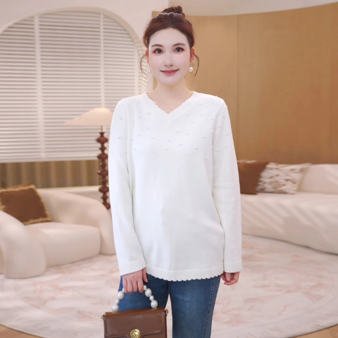 【锦绣红妆】MsShe大码女装秋冬羊毛混纺钉珠烫钻毛衣S~E2509015