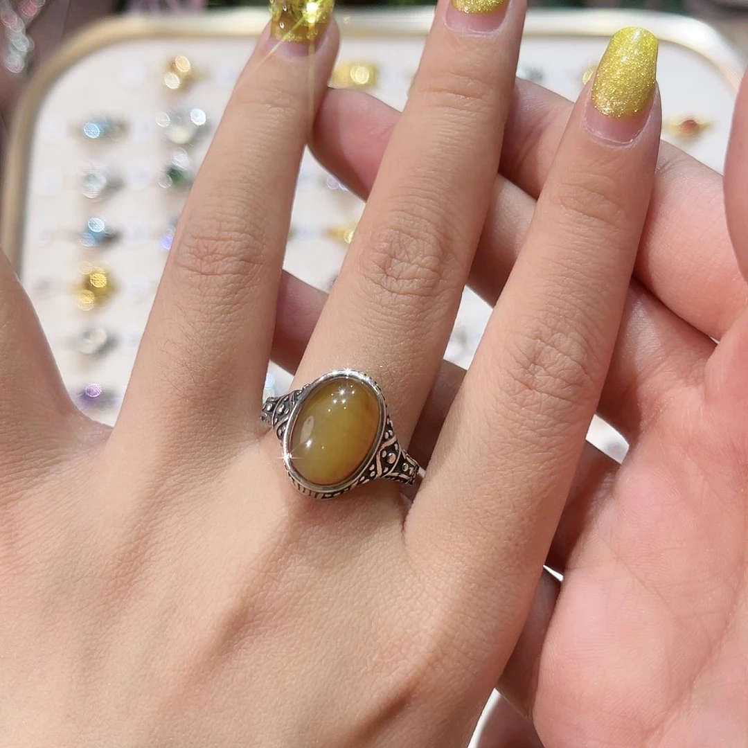 蛇纹石玉戒指银S925镶嵌