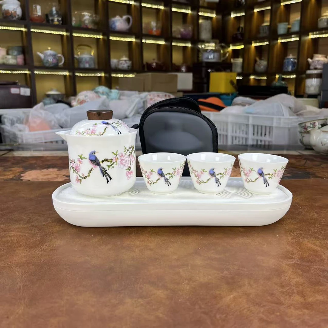 精美白瓷喜鹊手抓壶旅行套装+白色长方盘家用中式1826